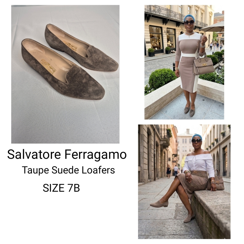 Salvatore Ferragamo Women's Taupe Suede Pointed Loafers 7B